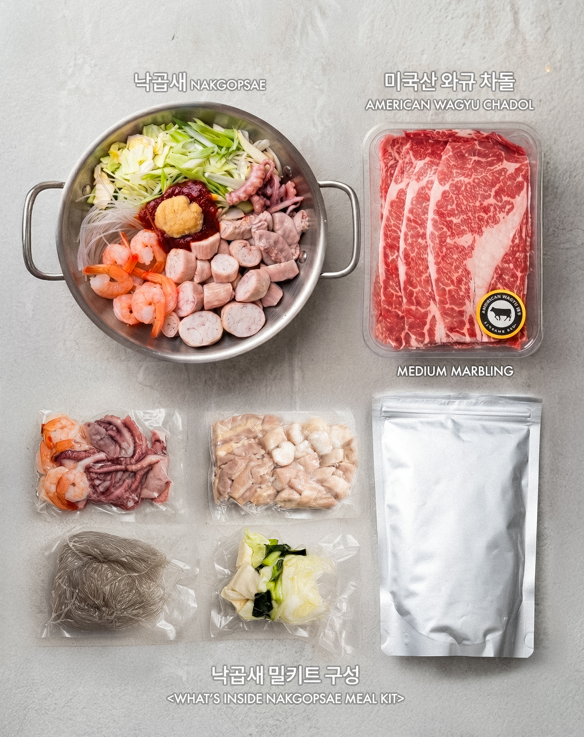 Nakgopsae meal kit components including raw meat, vegetables, and noodles on a gray background.